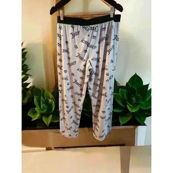 Juicy Couture Lounge Pants Womens Medium Grey Black Crown All Over Print Elastic - Picture 2 of 2